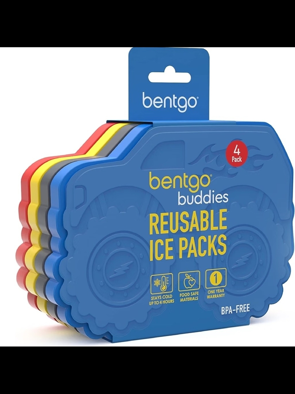 Bentgo Buddies Reusable Ice Packs - Blue, Red, Yellow, Gray (4-Pack)